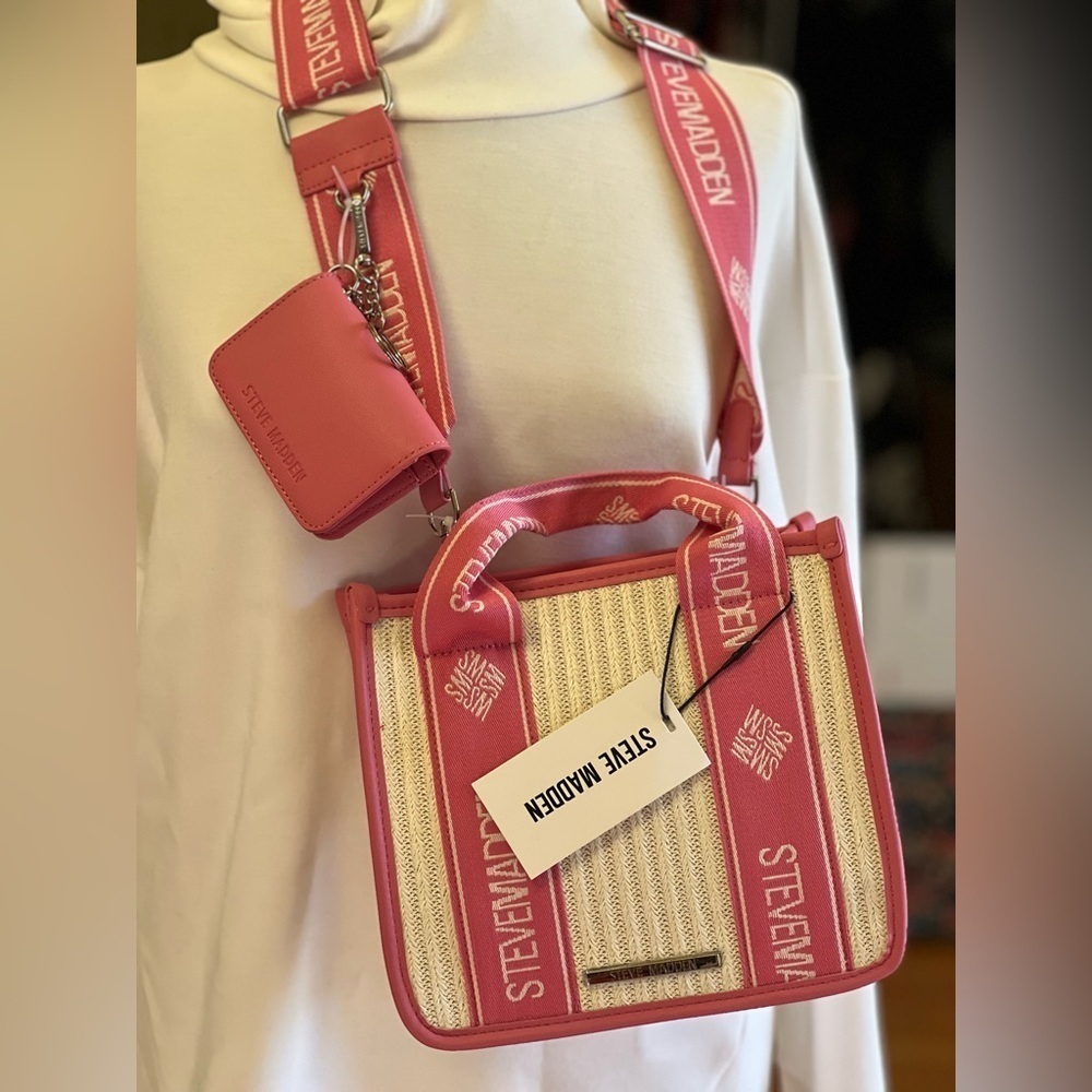 Steve Madden bwebber Straw Satchel Crossbody Bag NEW Pink Raspberry